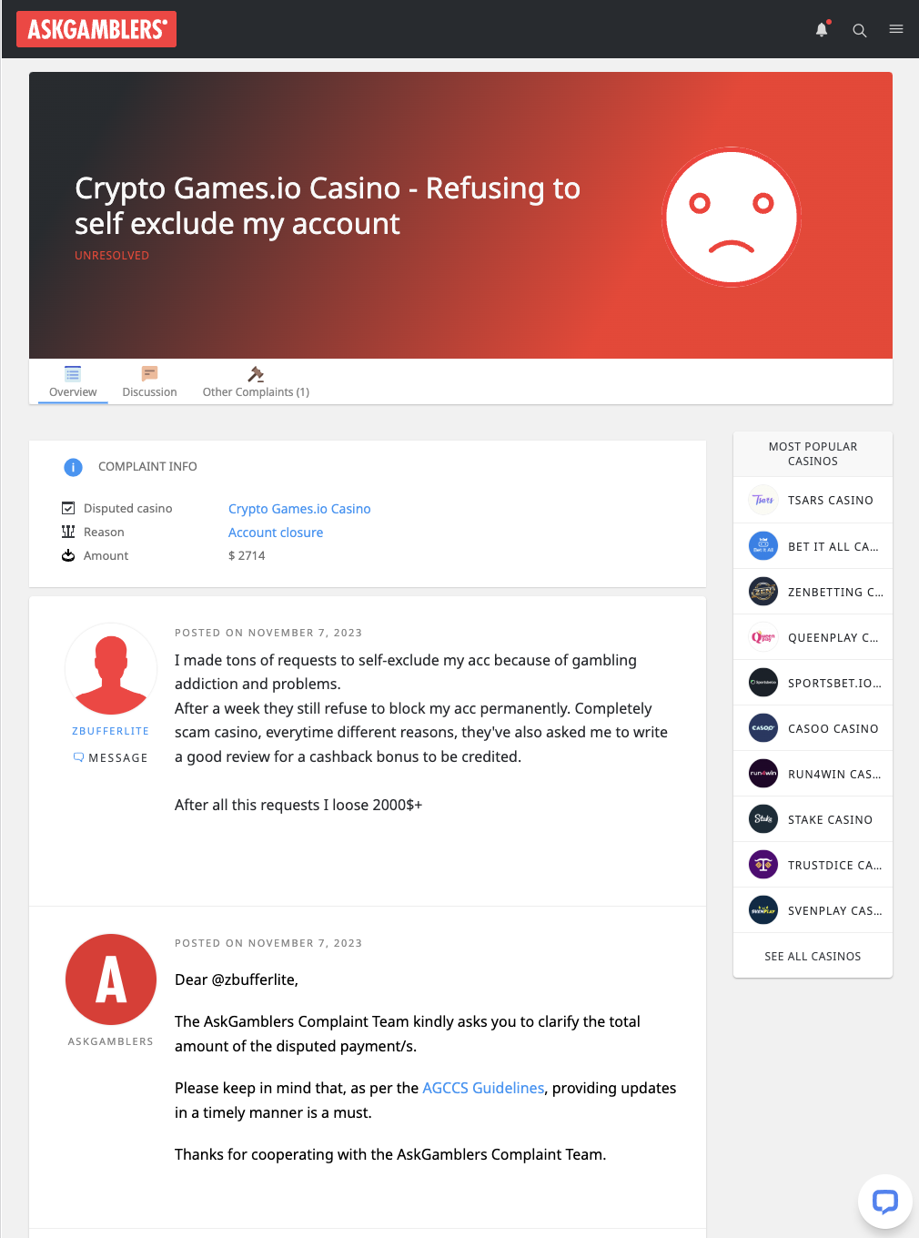 An unresolved complaint for Crypto-games.io at AskGamblers