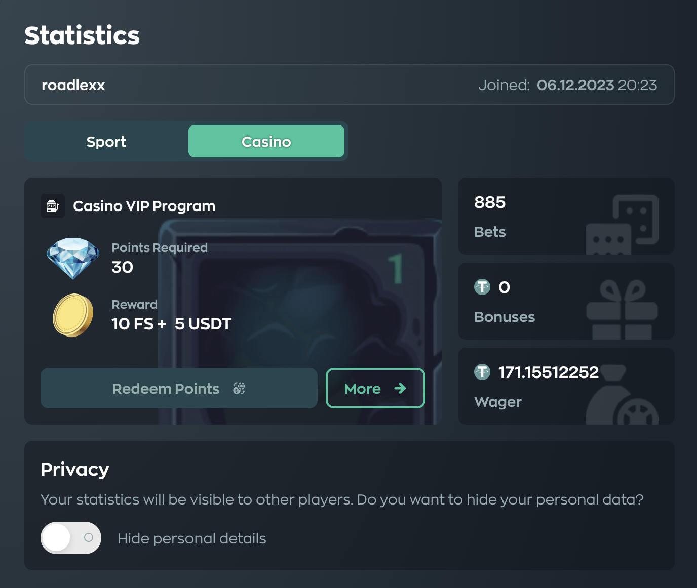 My wager statistics at Vave Casino