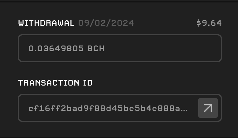 The confirmation of withdrawal at BCH.Games