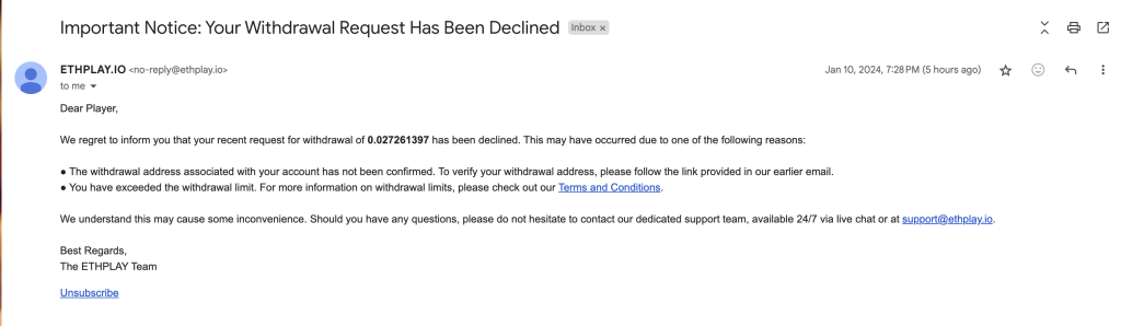 The email with a cancelation notice from ETHPLAY casino